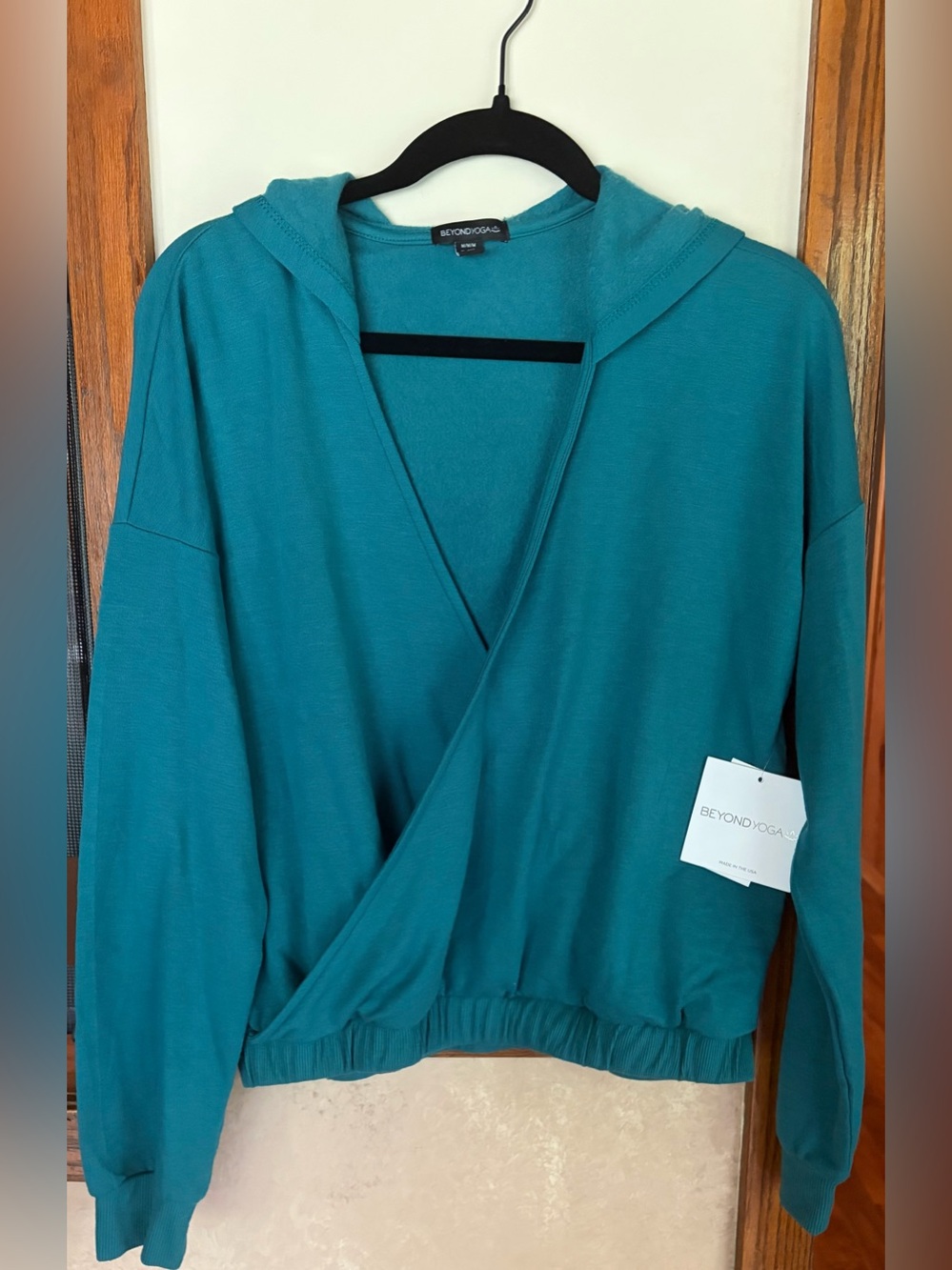 NWT Beyond Yoga Turquoise Hooded Wrap Pullover- Waist Length